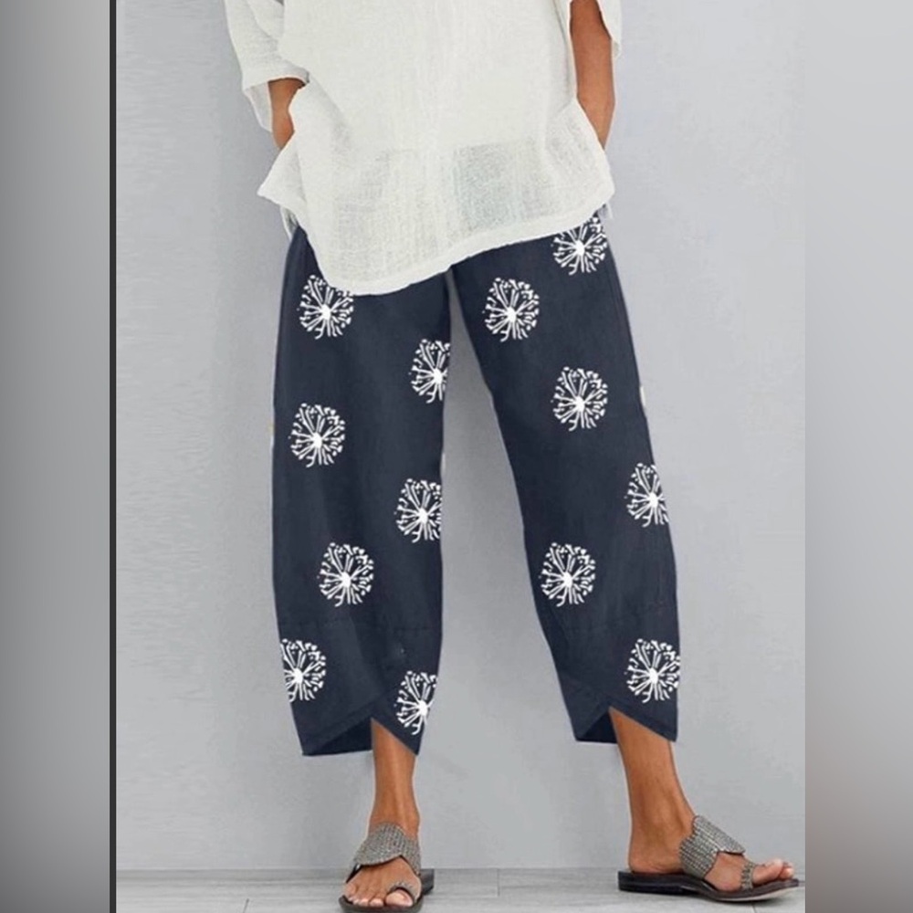 SOLD-Wide-Leg Navy Printed Pants with White Floral Motif- Boutique-NEW
